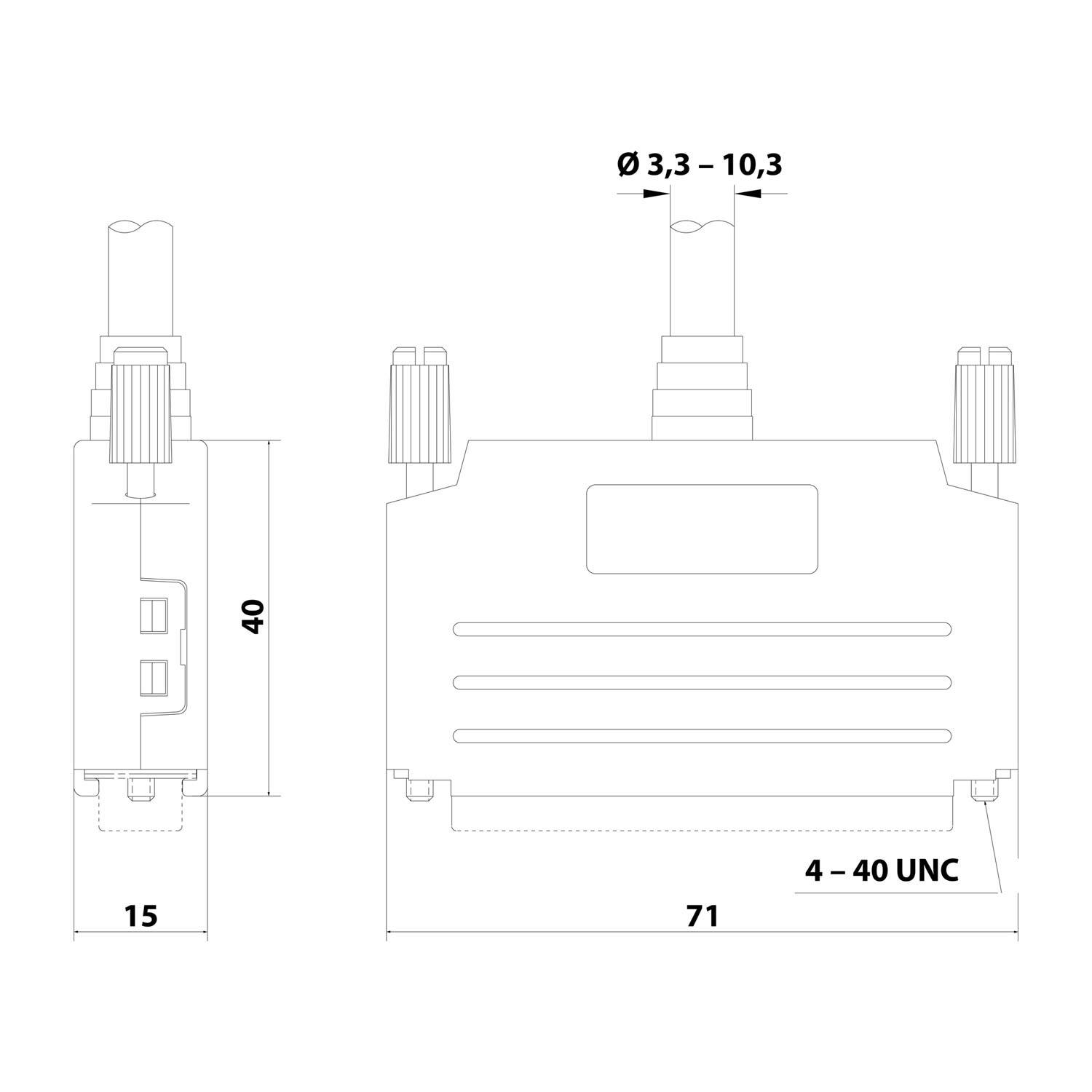 Technische Zeichnung einer Komponente mit Maßen. Frontansicht: Breite 71 mm, Höhe 40 mm. Seitenansicht: Tiefe 15 mm. Anschlussportdurchmesser: 3,3–10,3 mm.
