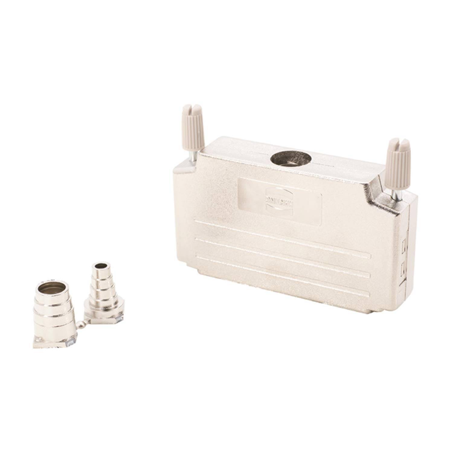 Eine silberne Metallhalterung mit zwei schraubenähnlichen Komponenten. Das Hauptstück hat geriffelte Seiten und zwei vertikale Schrauben oben, wahrscheinlich zum Montieren oder Verbinden von Teilen verwendet.