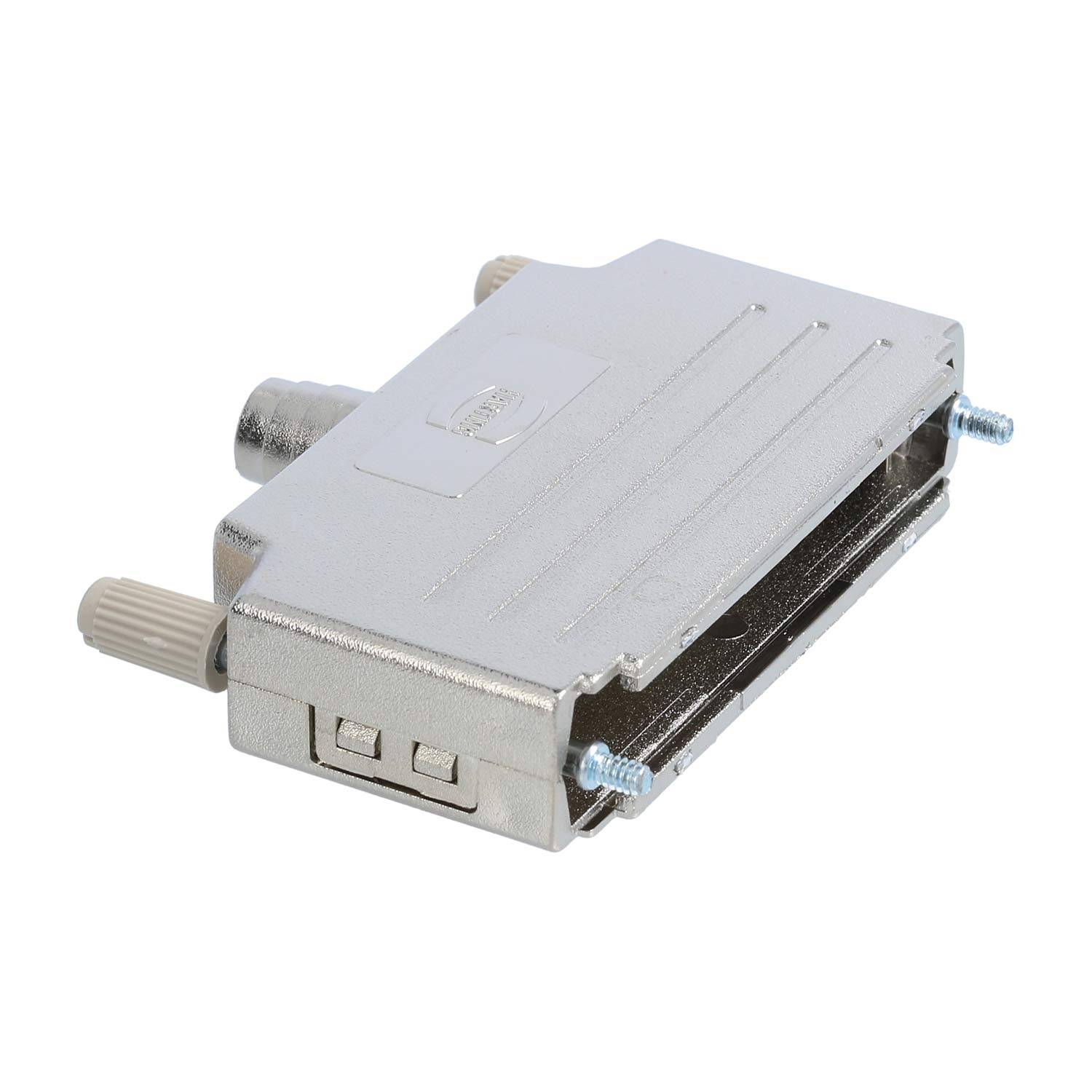 Ein Metallverbinder mit zwei Schrauben und zwei zylindrischen Steckern, der häufig bei elektronischen oder audiovisuellen Geräten verwendet wird.