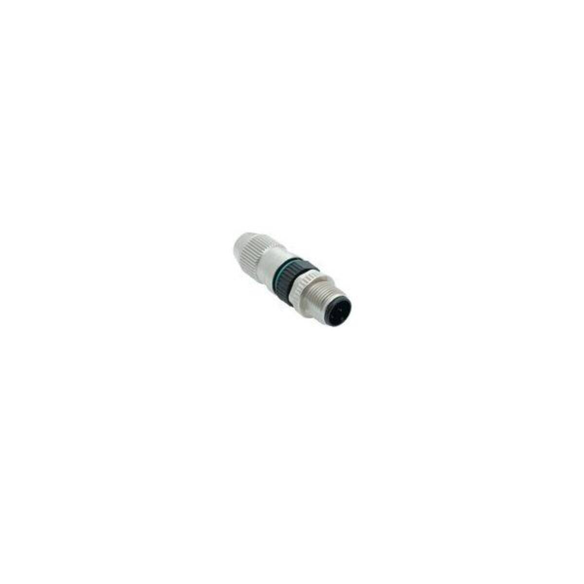Kleiner metallischer zylindrischer Elektrostecker auf einfachem weißem Hintergrund.