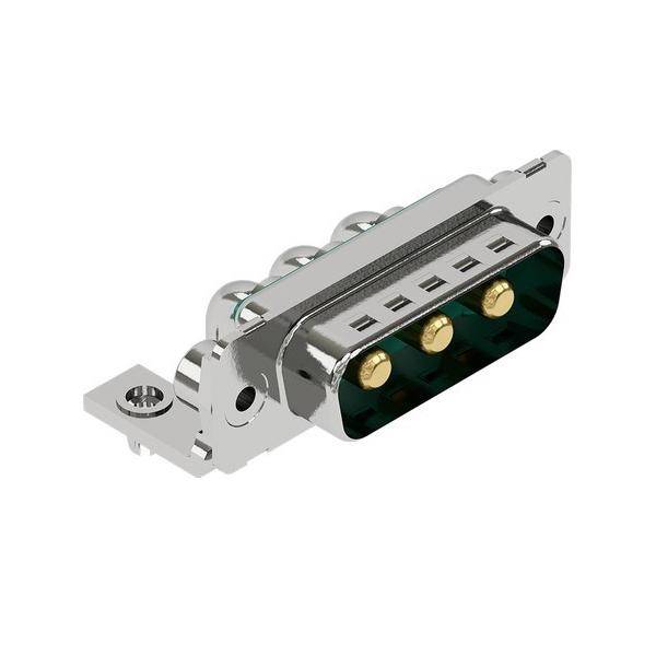 Metall-D-Sub-Stecker mit drei vergoldeten Kontakten, gezeigt auf weißem Hintergrund.