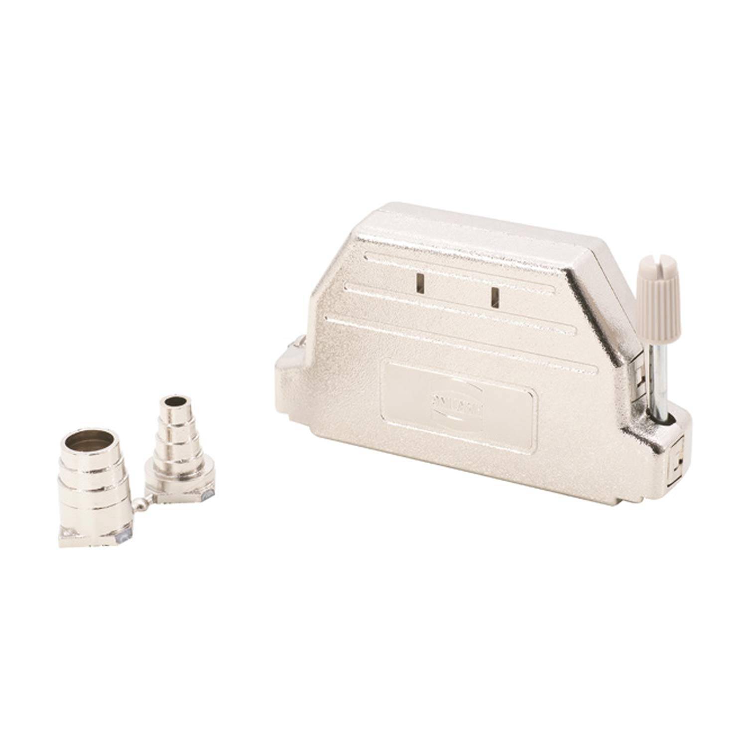 Ein Metallverbindungsgehäuse mit zwei Zubehörteilen, wahrscheinlich für eine industrielle oder elektronische Anwendung, auf einem weißen Hintergrund.