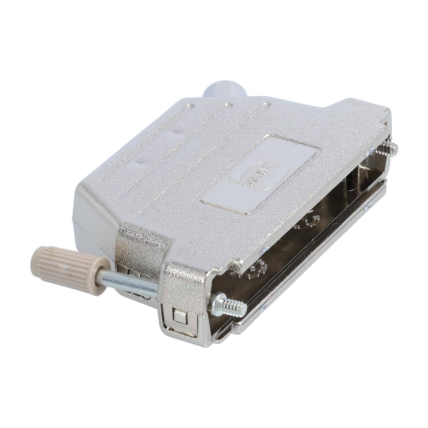 Ein metallischer DB-25-Stecker mit einer beigen Schraubverriegelung, der für parallele Portverbindungen in älteren Computern und Druckern verwendet wurde.