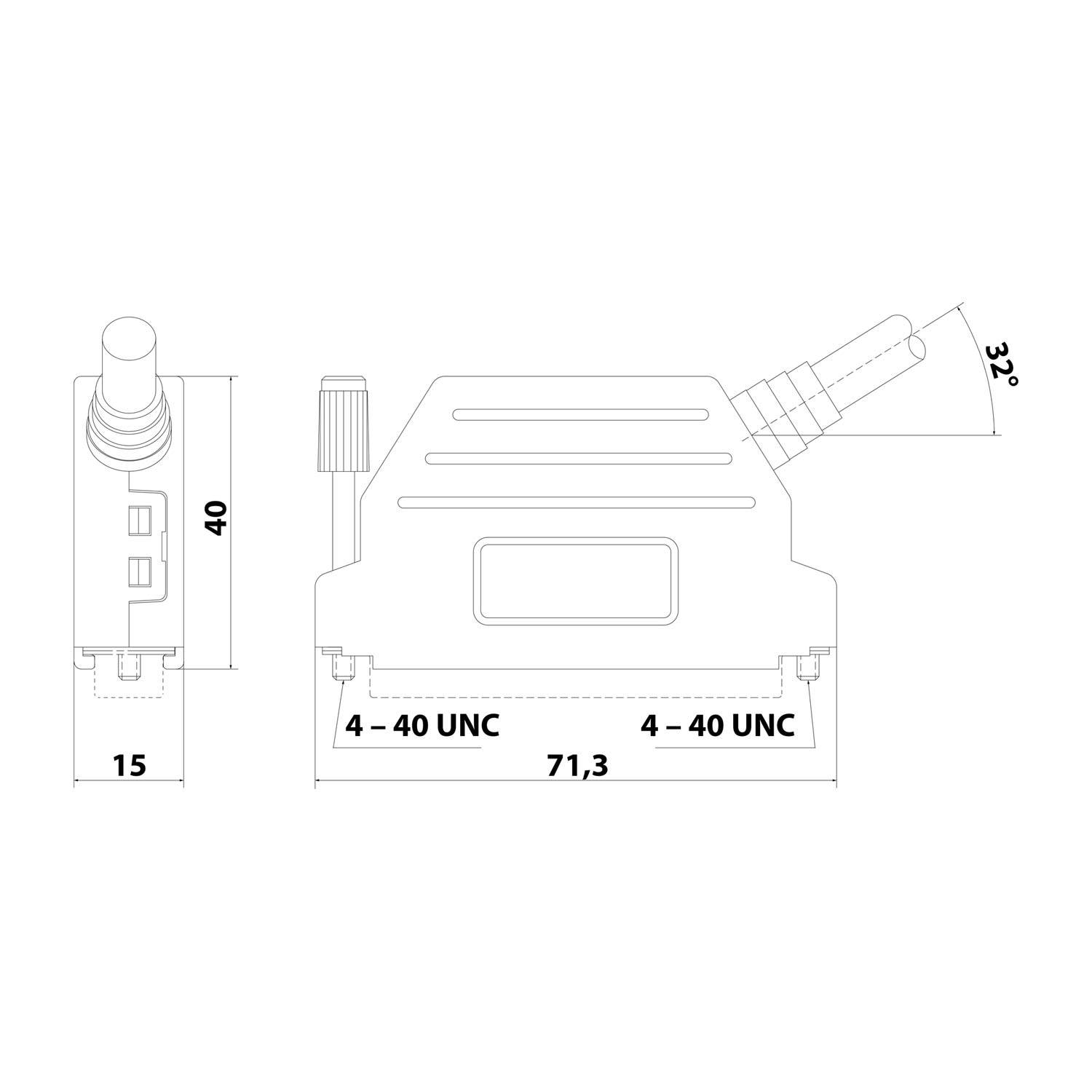 Technische Zeichnung eines rechteckigen Geräts mit Abmessungen: 71,3 mm Breite, 40 mm Höhe und 15 mm Tiefe. Zwei Schrauben mit 4-40 UNC-Gewinde. Rechte Seite mit einem Winkel von 32 Grad.