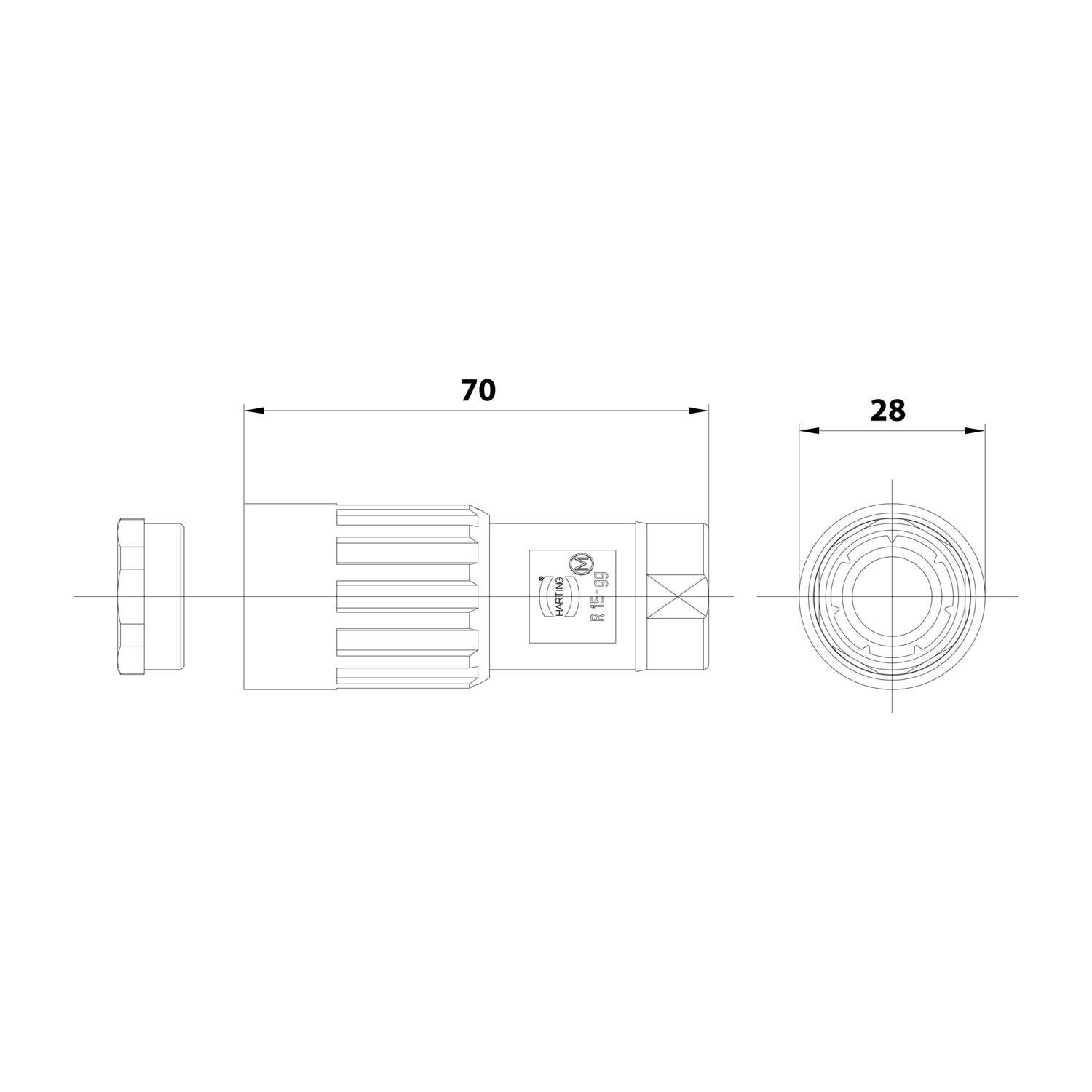 Technische Zeichnung einer zylindrischen Komponente mit einer Länge von 70 mm und einem Durchmesser von 28 mm, mit Seiten- und Frontansicht.