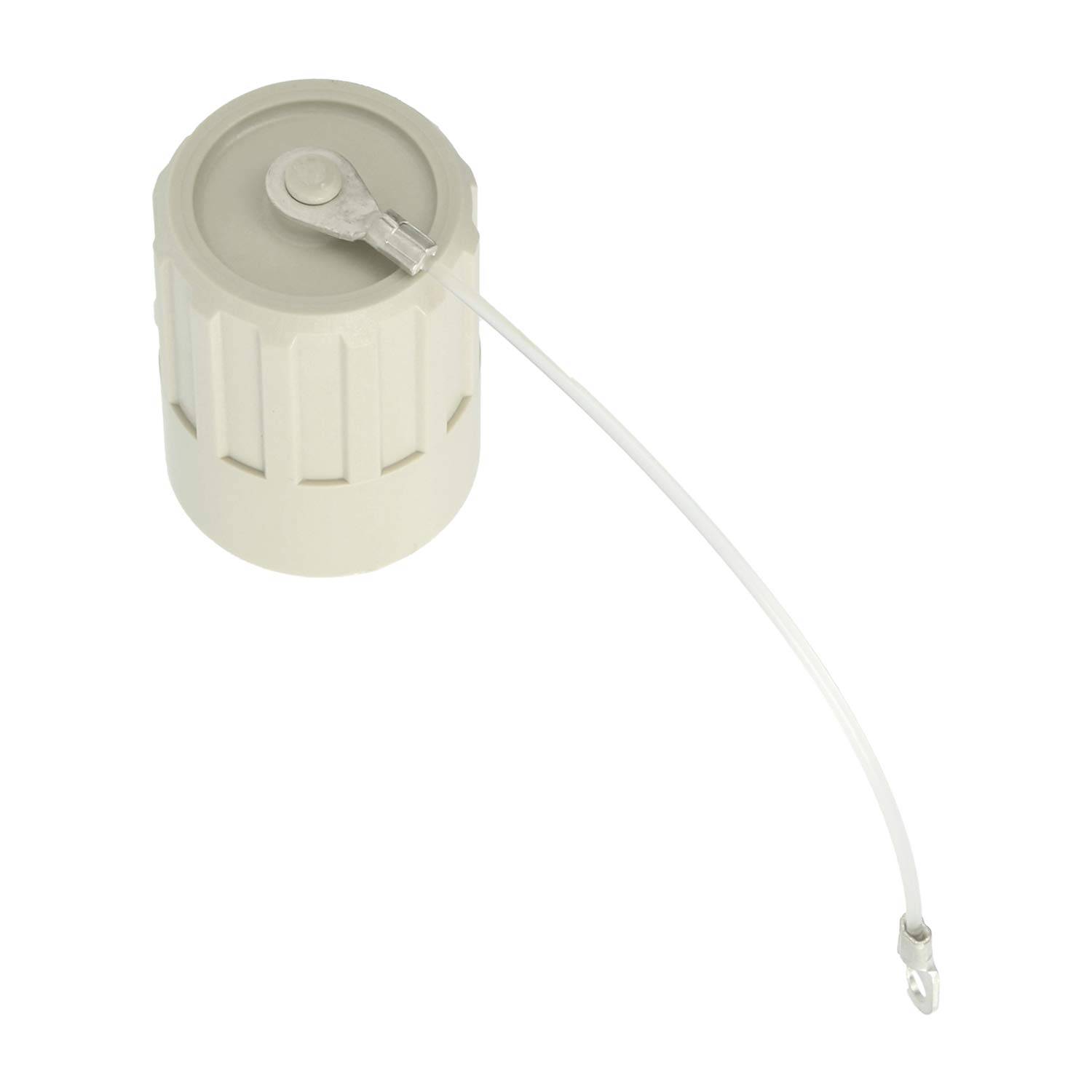 Ein beiger Plastikflaschenverschluss mit einem abnehmbaren, flexiblen Plastikband und einem kleinen Haken am Ende.