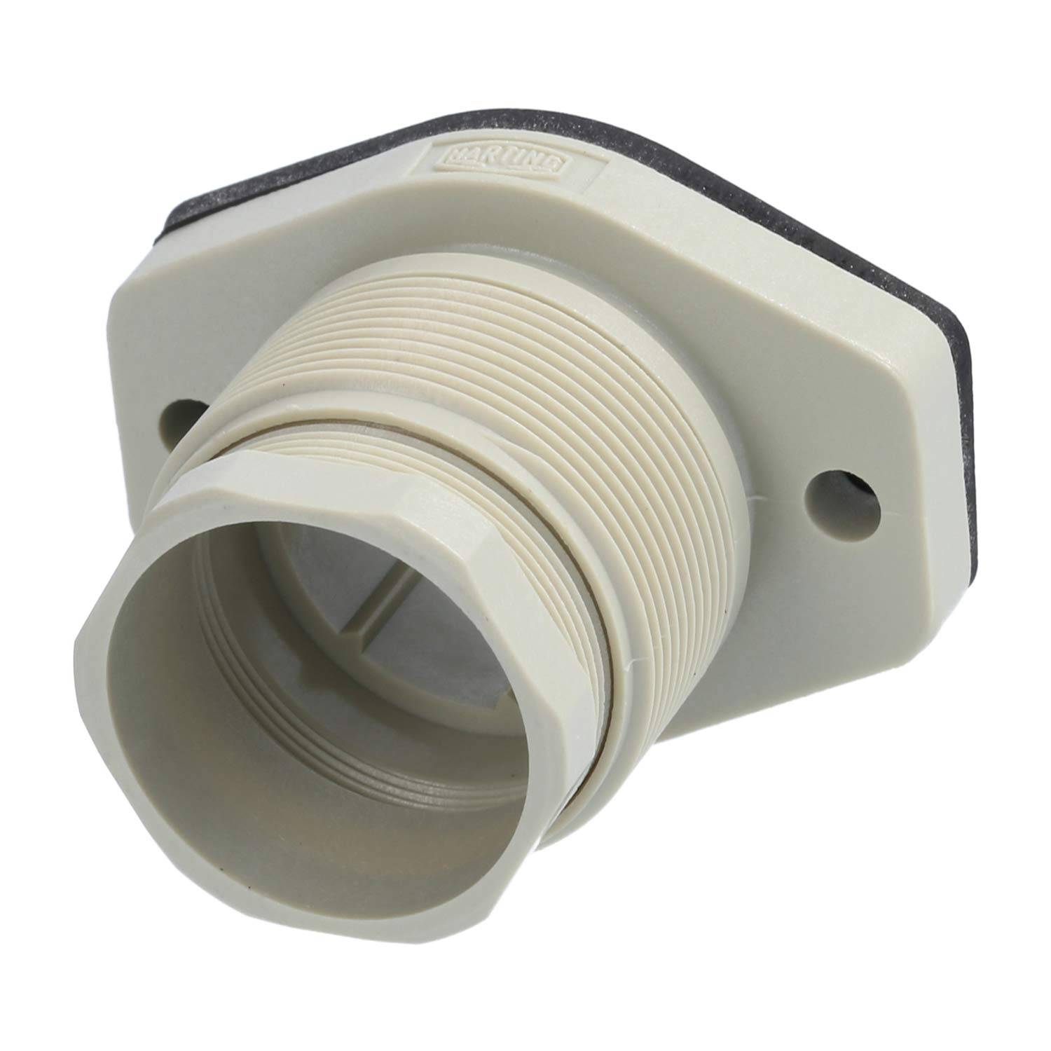 Ein beiger Kabelstecker mit einer verschraubten, zylindrischen Konstruktion und zwei Befestigungslöchern, der für sichere elektrische Verbindungen konzipiert ist.