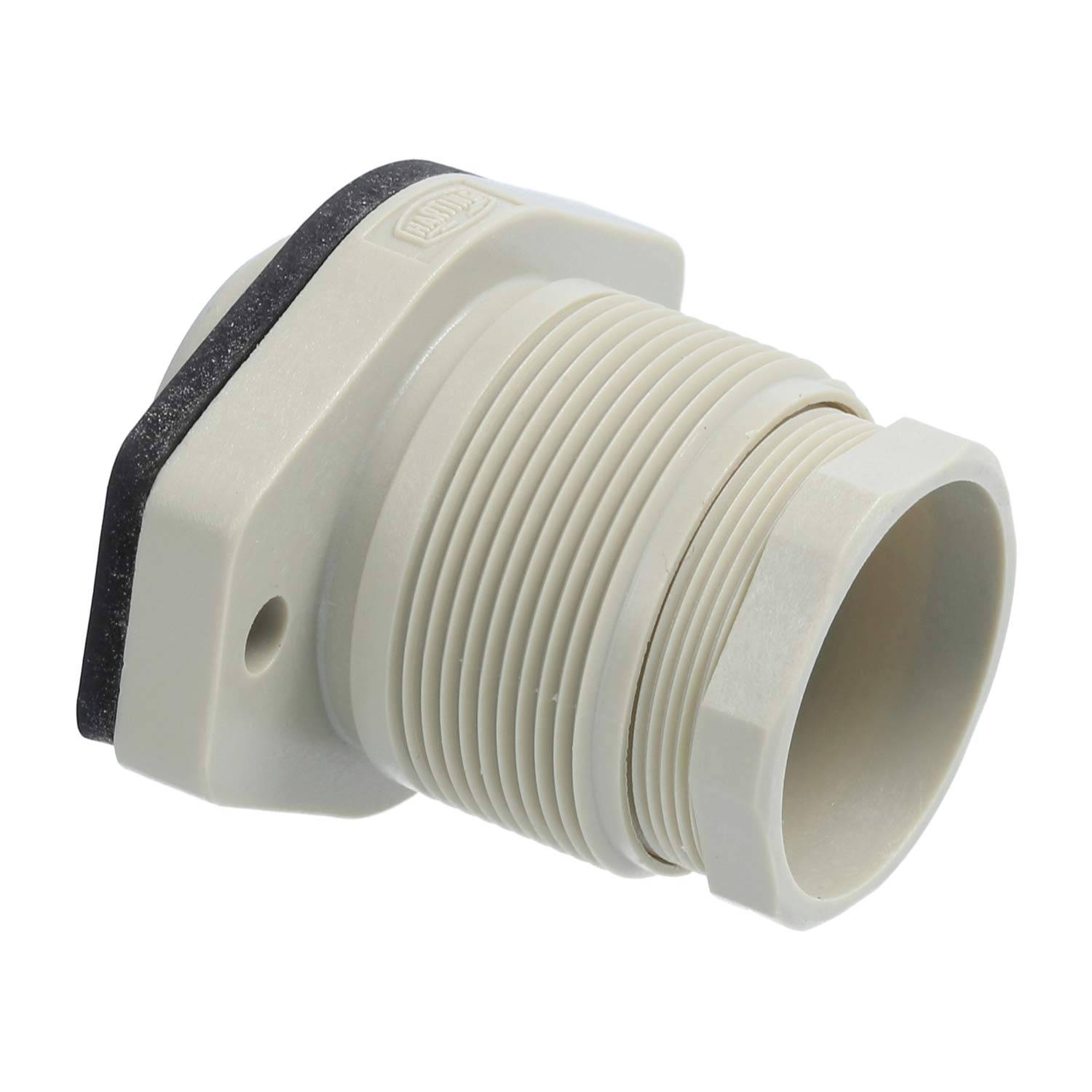 Eine beige Kabelverschraubung aus Kunststoff mit Gewindesockel und Sechskantmutter, die üblicherweise zum Sichern von Kabeln in elektrischen Gehäusen verwendet wird.