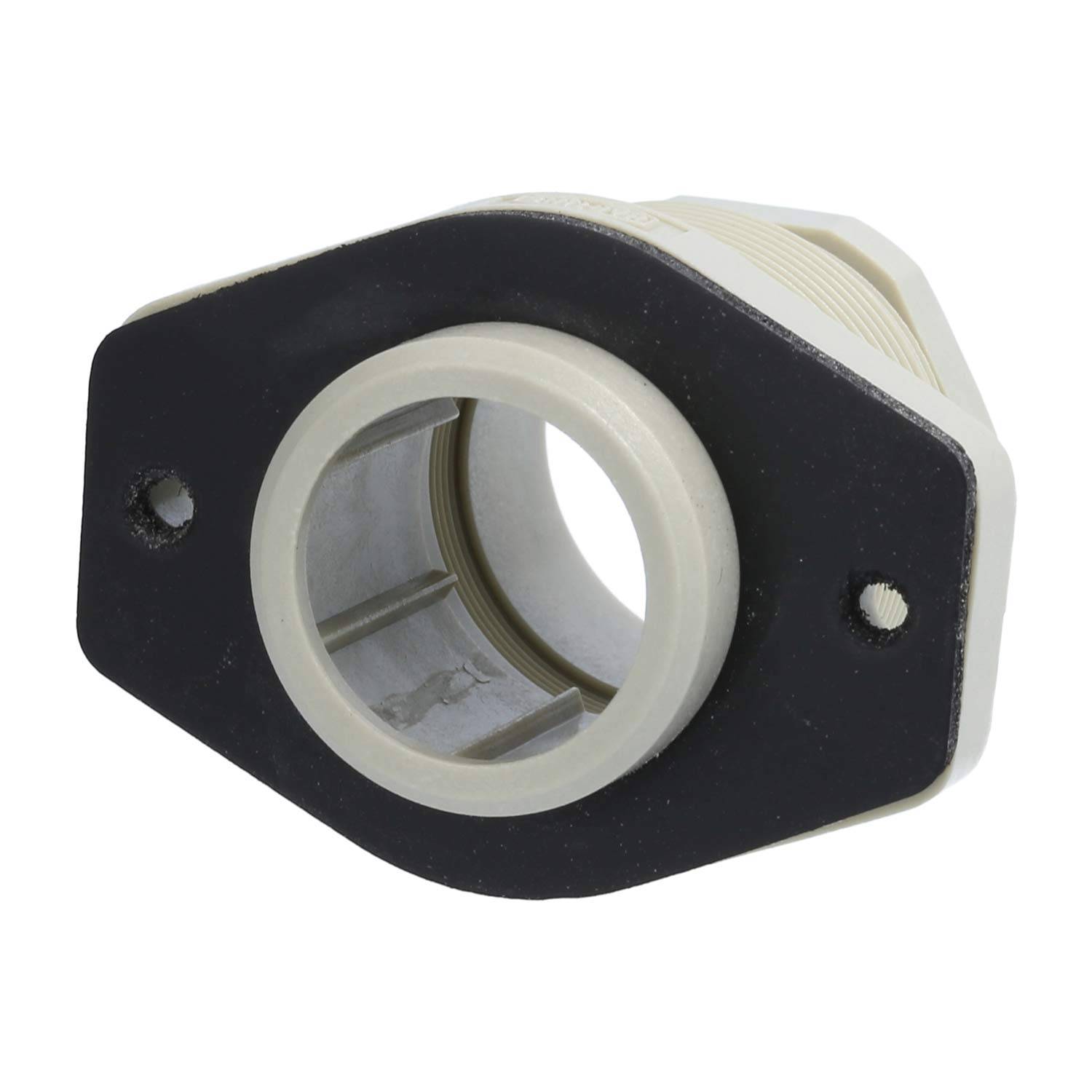 Eine graue und schwarze industrielle Befestigungshalterung, entwickelt zum Sichern von zylindrischen Komponenten, mit zwei Befestigungslöchern.