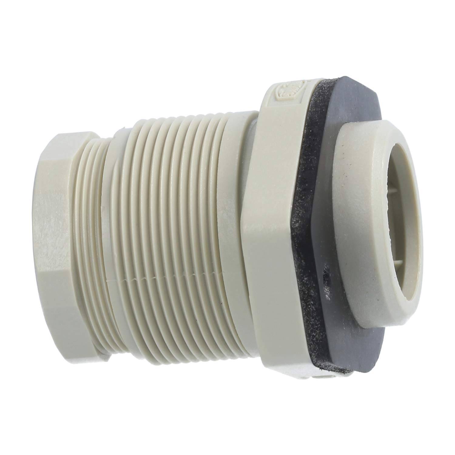 Eine Nahaufnahme eines beigen Kunststoff-Kabelverschraubung mit einer schwarzen Gummidichtung, die zum Sichern von elektrischen Kabeln und zum Gewährleisten von Dichtungsschutz konzipiert ist.