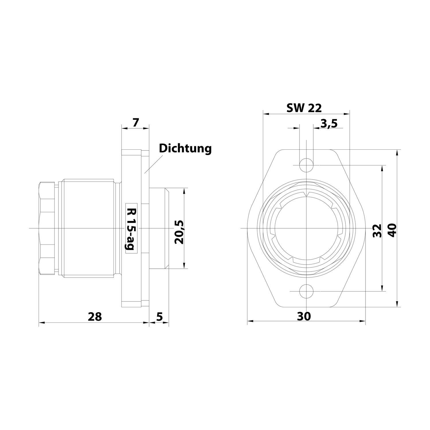 Technische Zeichnung einer zylindrischen Komponente mit Maßangaben. Frontansicht zeigt Durchmesser von 28, Seitenansicht gibt Höhe von 40 an.