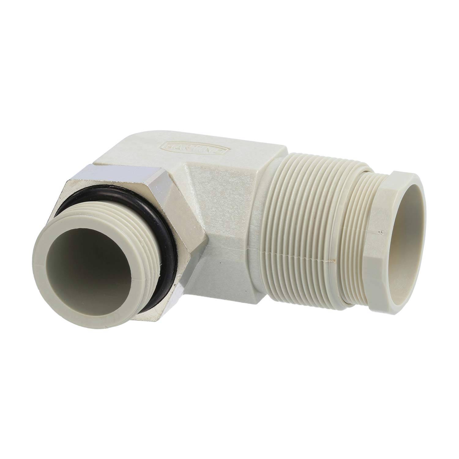 Eine weiße Rohrbogen-Fitting mit einem Gewindeende und einer glatten Anschlussseite zum rechtwinkligen Verbinden von Rohrleitungen.