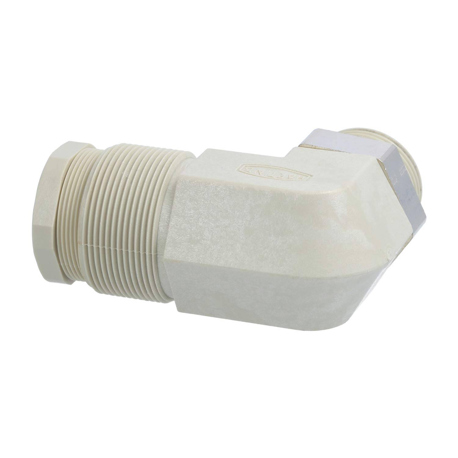 Ein beiger, gerillter Kunststoff-Rohranschluss im rechten Winkel, der zum Verbinden von Rohren in einem 90-Grad-Winkel verwendet wird, vor einem weißen Hintergrund.