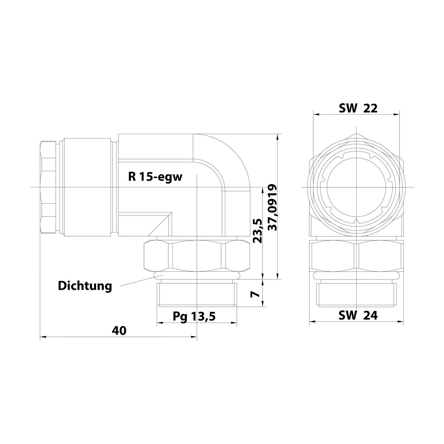 Technische Zeichnung eines Rohranschlusses mit Seiten- und Draufsicht. Dimensionen gekennzeichnet: 'R 15-egw', 'Pg 13,5', 'SW 22', 'SW 24' und Längen '23,5', '37', '40' und '7'.