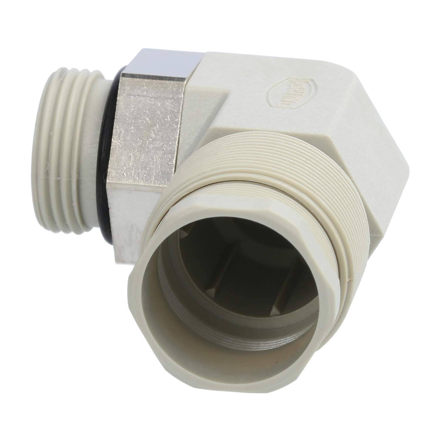 Eine graue, rechtwinklige Kunststoff-Rohrverschraubung mit Gewindeenden und einem Metallverbinder. Verwendet zum Verbinden von Rohren in einem 90-Grad-Winkel.