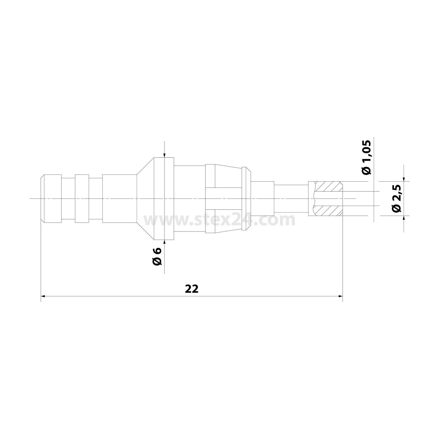 Technische Zeichnung eines zylindrischen Bauteils mit Maßangaben. Die Breite des Hauptkörpers ist mit ø6 gekennzeichnet, die Endbreite mit ø2,5 und die Gesamtlänge mit 22.