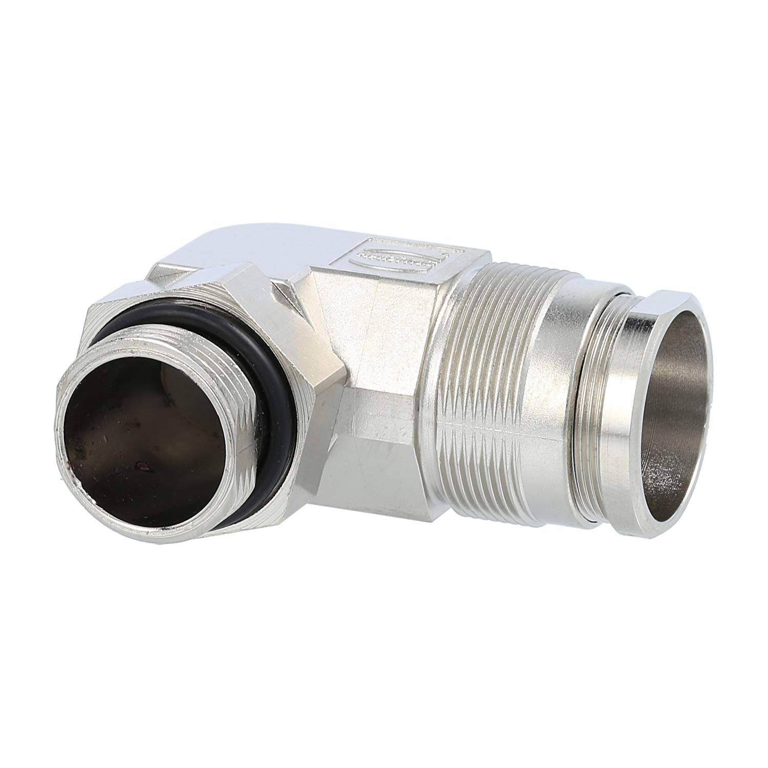 Ein Metall-Rohrbogen mit 90-Grad-Winkel, ausgestattet mit Gewindeanschlüssen und einem O-Ring, verwendet für Sanitär- oder mechanische Verbindungen.