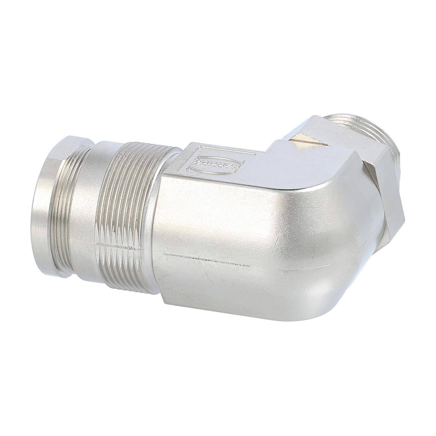 Ein silberner, rechtwinkeliger Metall-Leitungsverbinder mit Gewindeenden, der zum sicheren Anschluss von elektrischen Kabeln an einer Ecke konzipiert ist.