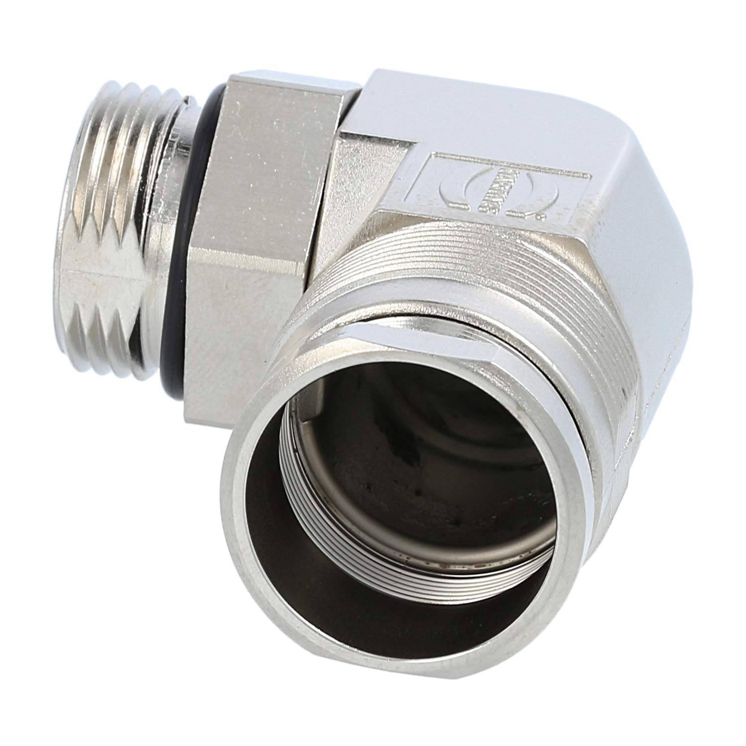 Ein metallischer L-förmiger Rohranschluss mit Gewindeenden, entwickelt zum Verbinden von Rohren in einem rechten Winkel. Geeignet für industrielle Sanitärtechnik.