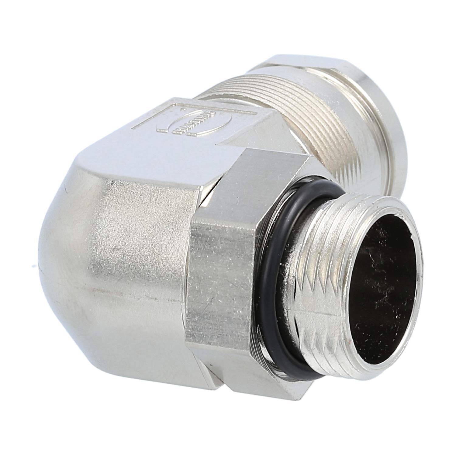 Ein metallischer Ellbogenverbinder, der häufig in Sanitär- oder elektrischen Installationen verwendet wird, verfügt über eine sechseckige Anschlussmuffe und ein Gewindeende.