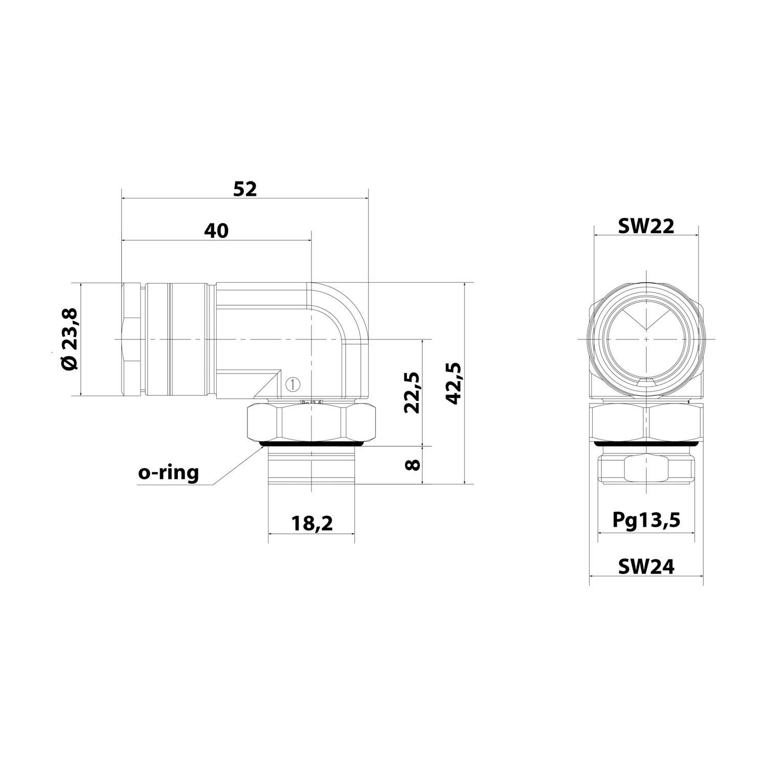 Technische Zeichnung eines L-förmigen Rohranschlusses mit beschrifteten Abmessungen. Seitenansicht zeigt Durchmesser, Länge und O-Ring-Positionierung; Frontansicht zeigt SW22- und SW24-Maße.