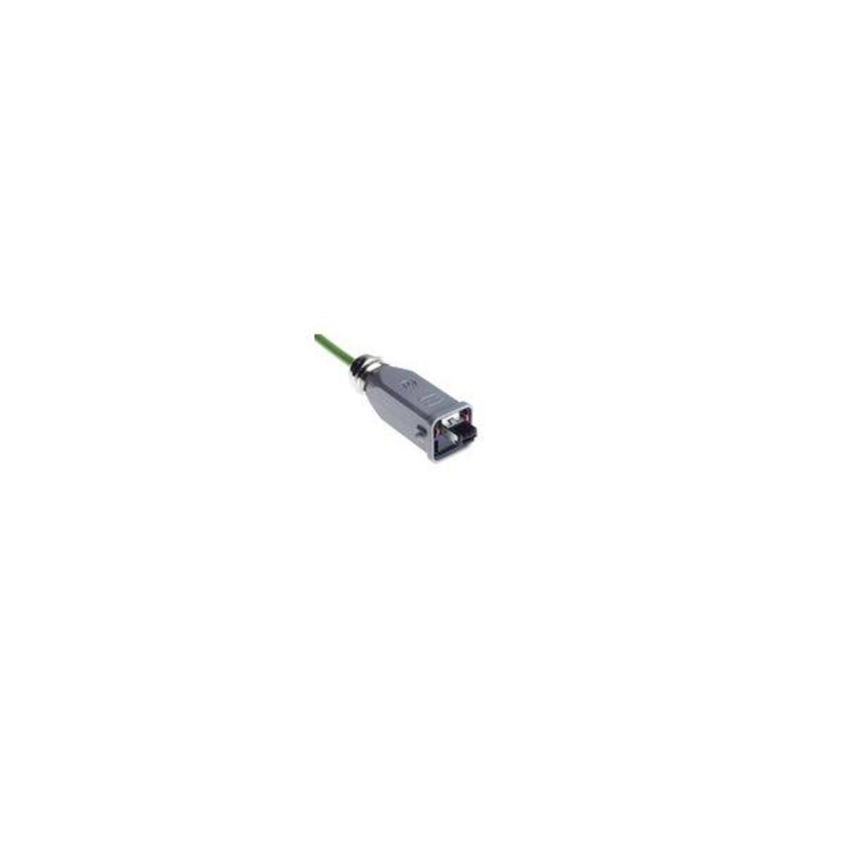 Kleiner grauer Stecker oder Steckerverbinder mit einem grünen Kabel, isoliert auf weißem Hintergrund.