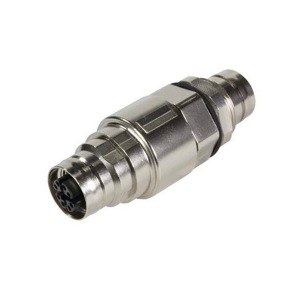 Metallischer runder Steckeradapter mit Gewinde an den Enden, auf weißem Hintergrund abgebildet.