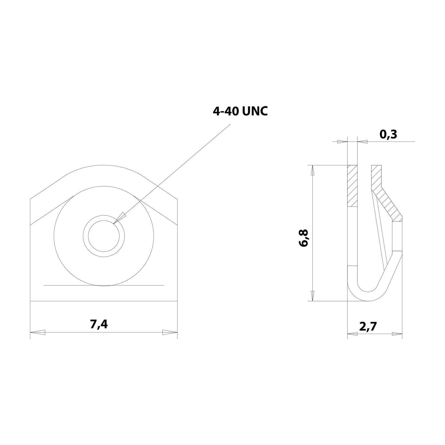 Technische Zeichnung einer Komponente mit Vorder- und Seitenansicht und folgenden Abmessungen: Breite 7,4, Höhe 6,8 und Tiefe 2,7, mit einem 4-40 UNC-Gewinde.