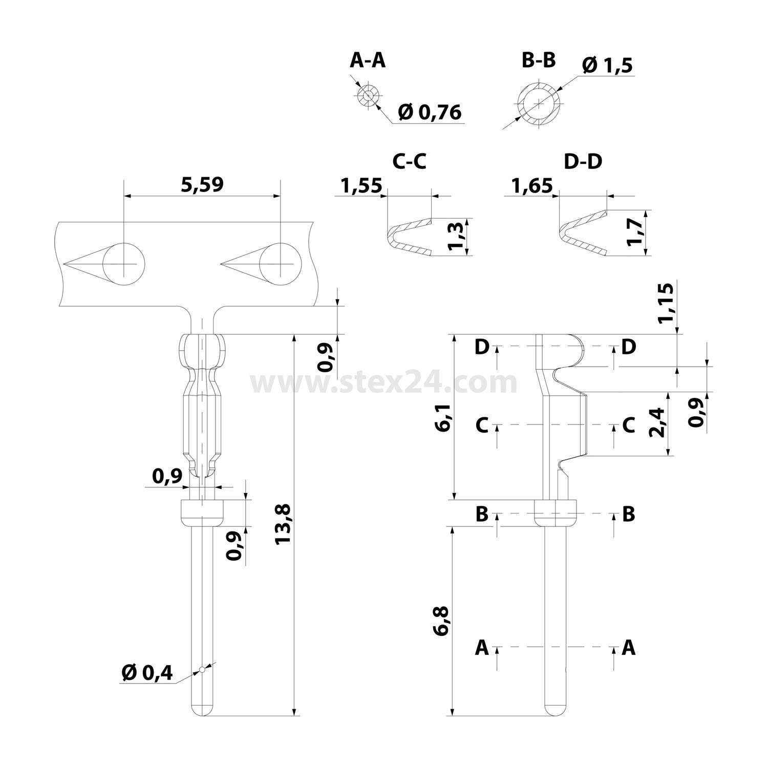 Technische Zeichnung eines Fahrradbremshebel-Pins mit detaillierten Maßangaben: Länge 13,8 cm, Breite 5,59 cm, verschiedene Querschnittsabmessungen dargestellt.