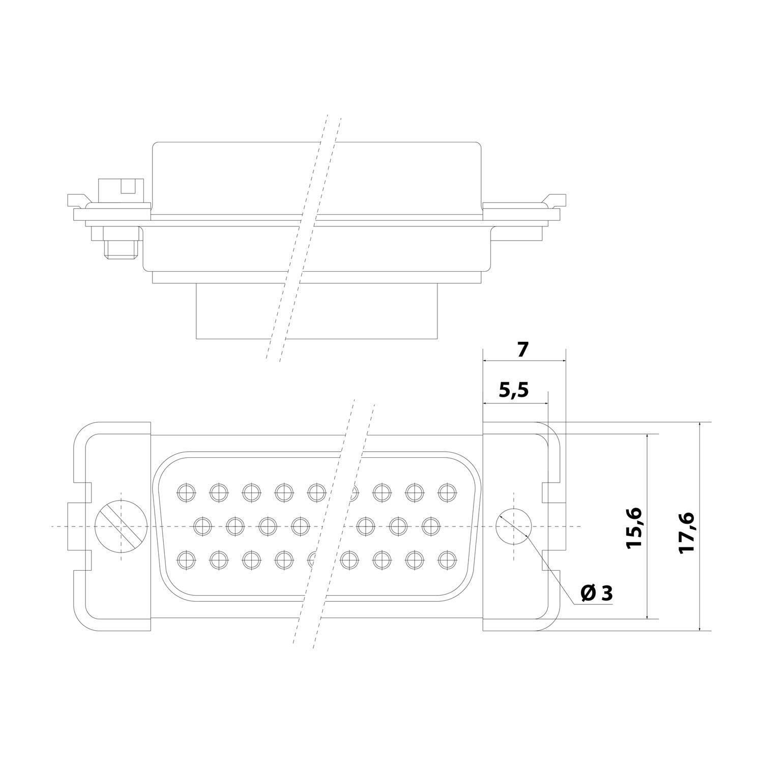 Technisches Diagramm eines 24-poligen D-Sub-Steckers. Die Draufsicht zeigt das Metallgehäuse und die Stifte. Die Seitenansicht zeigt die Abmessungen: 7 mm, 5,5 mm, 15,6 mm, 17,6 mm, mit einem 3-mm-Stift.
