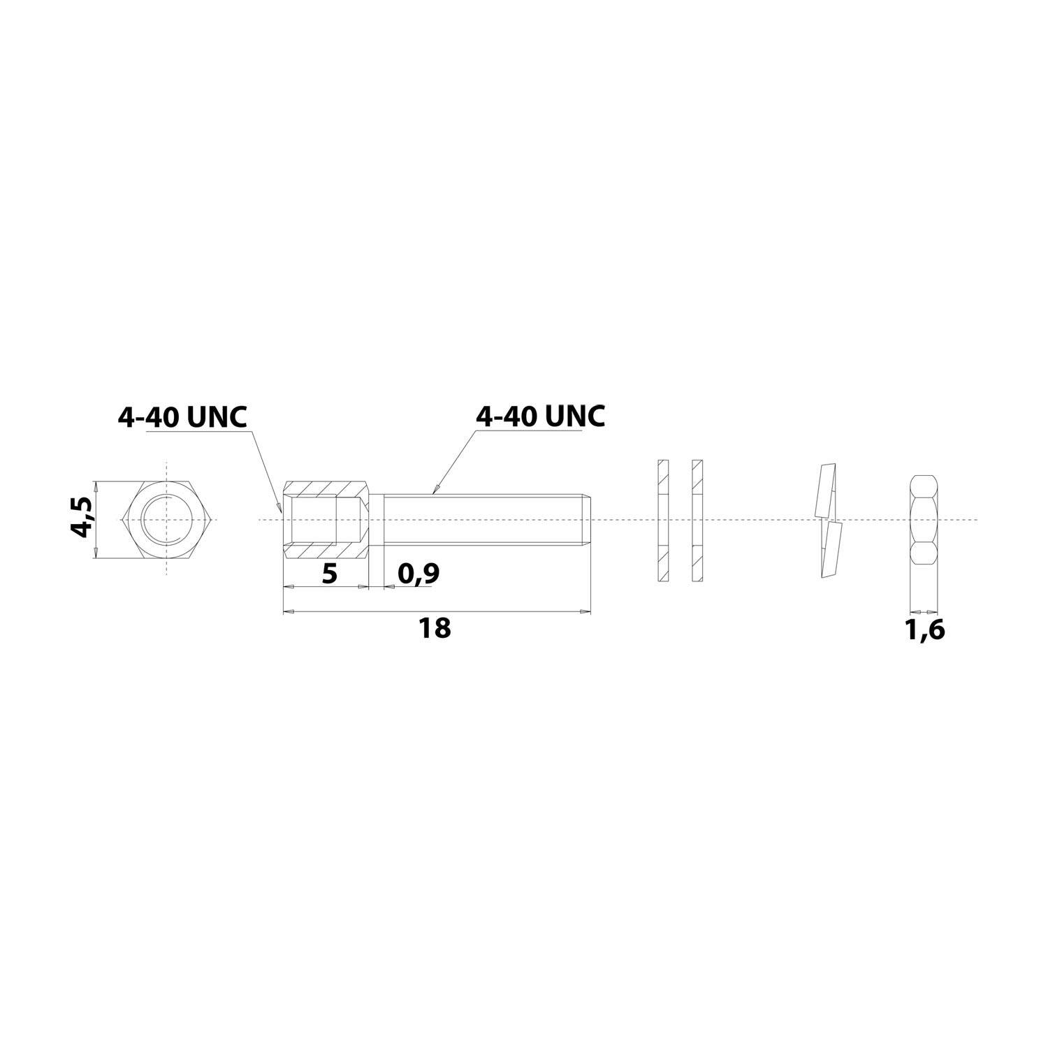Explosionszeichnung einer mechanischen Baugruppe mit einer Schraube und Komponenten. Maßangaben umfassen '4,5', '4-40 UNC', '18' und '1,6'.