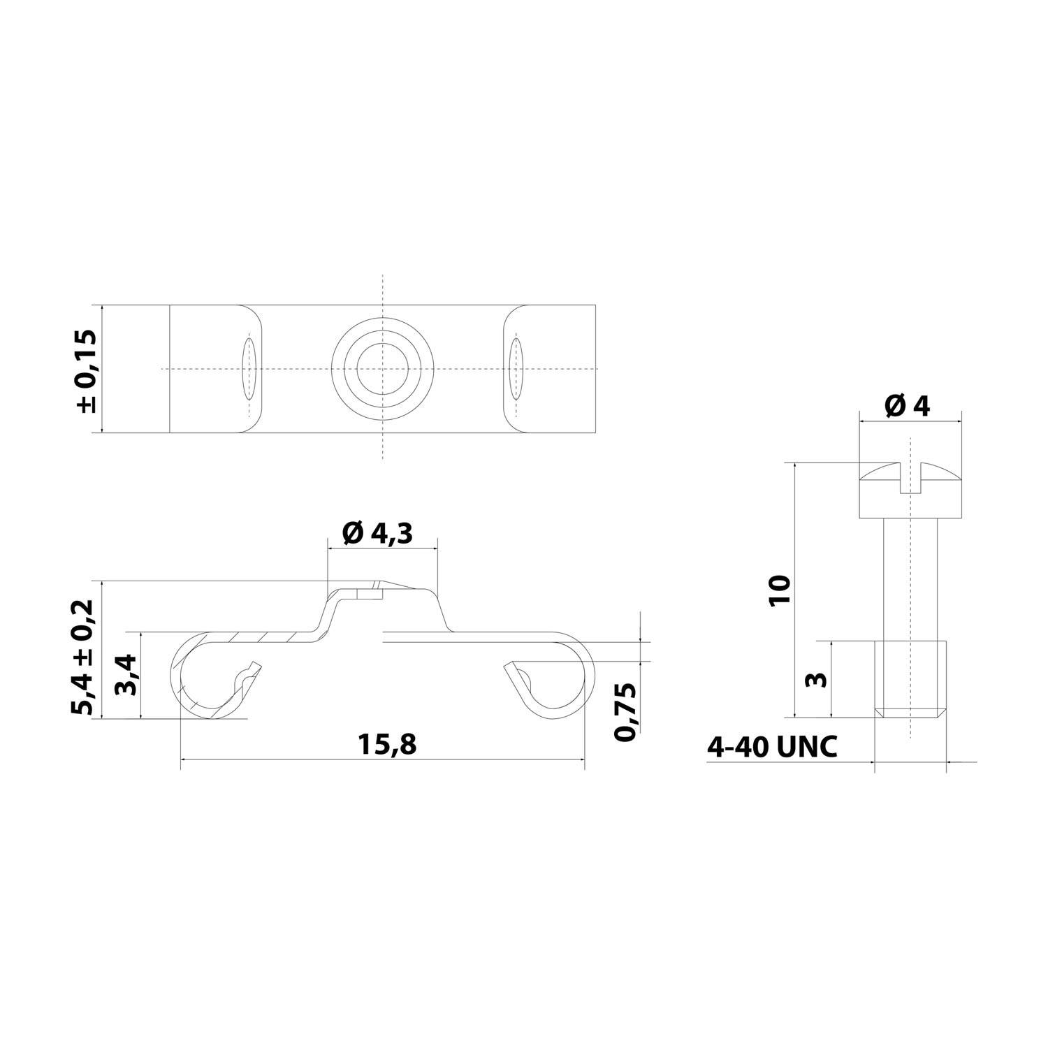 Technische Zeichnung eines mechanischen Bauteils mit präzisen Maßen: 15,8 Breite, 3,4 Höhe, Durchmesser 4,3, und 4-40 UNC Gewinde.