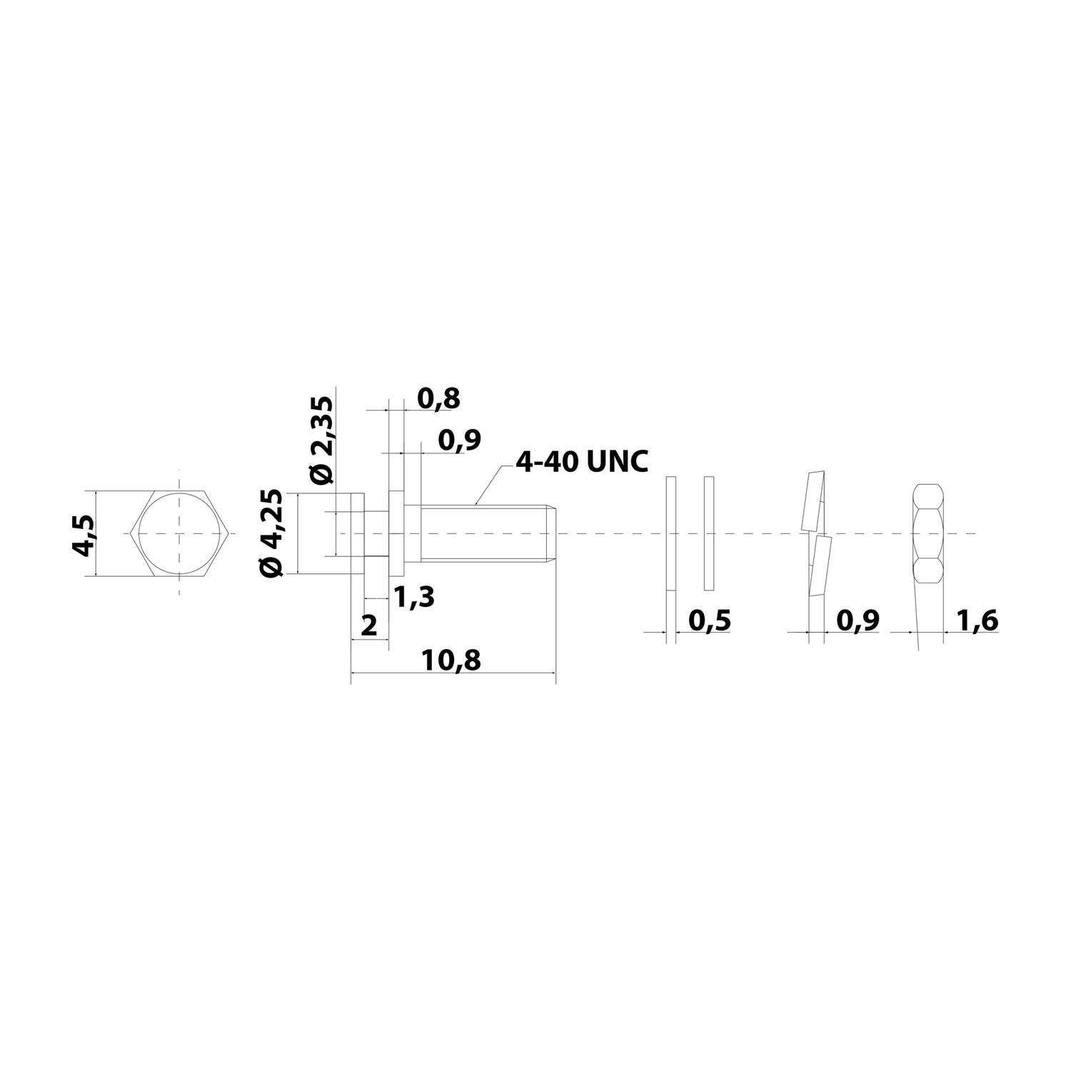 Technische Zeichnung einer Schraube mit Maßangaben. Hauptansichten umfassen Seiten- und Stirnansicht. Wichtigste Maße: Länge 10,8 mm, Durchmesser 4,25 mm, Gewindetyp 4-40 UNC.