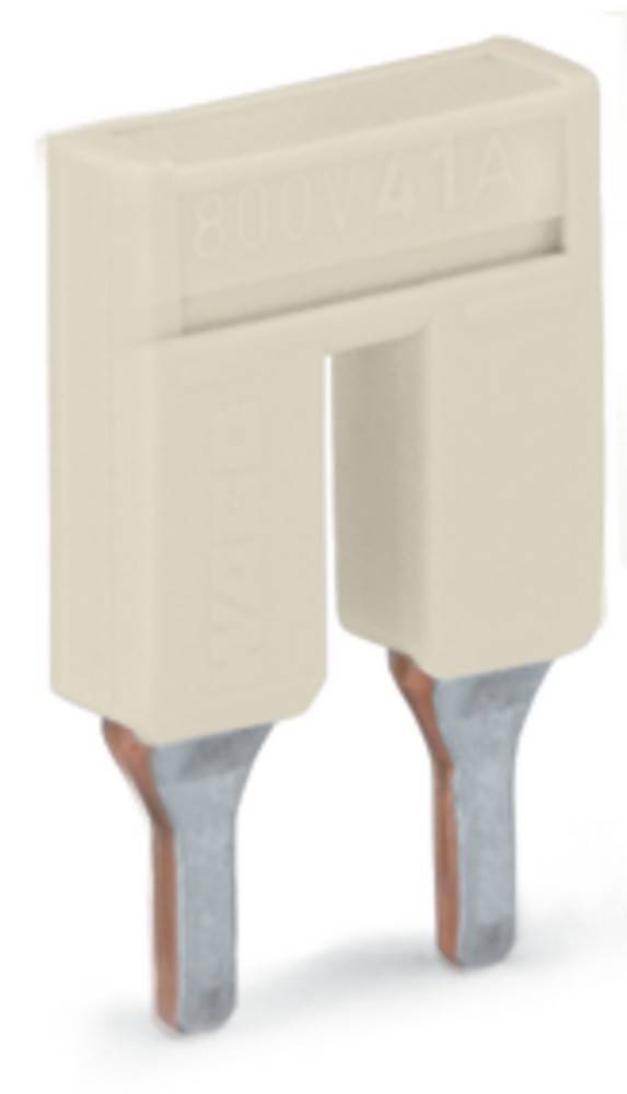 Eine beige, rechteckige elektronische Komponente mit zwei Metallstiften, die von unten herausragen, möglicherweise ein Widerstand oder Kondensator.