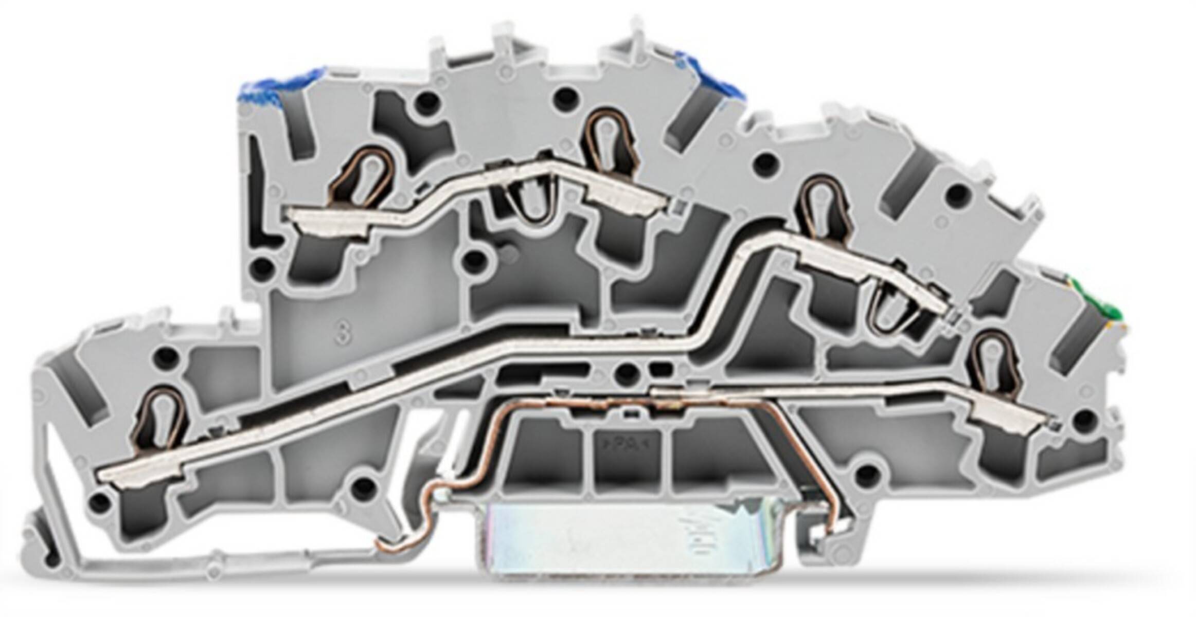 Ein Nahaufnahme-Bild eines elektrischen Klemmenblocks, der seine innere Struktur zeigt, einschließlich Metallverbinder und isoliertem Gehäuse.