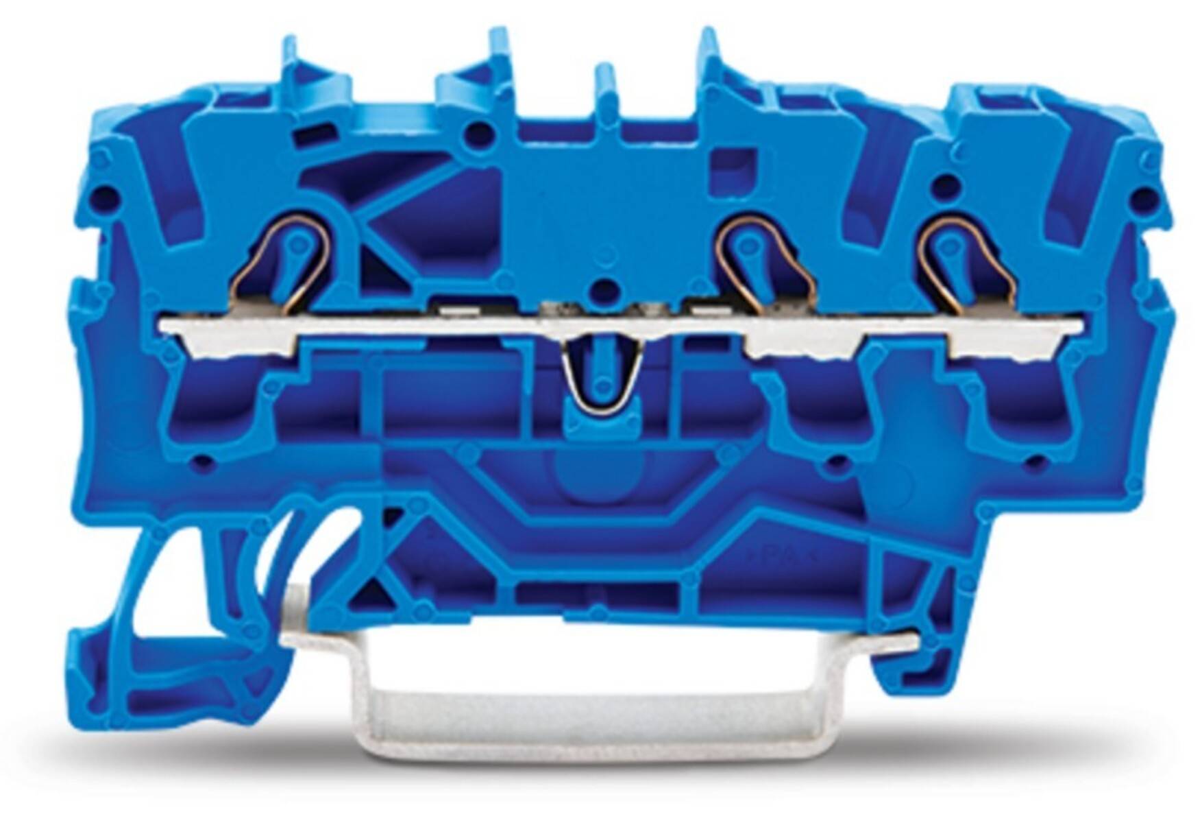 Querschnittsansicht eines blauen Plastikmaterials, die die interne Konstruktion mit verschachtelten Komponenten und Metallverbindern zeigt, verwendet in elektrischen oder mechanischen Anwendungen.