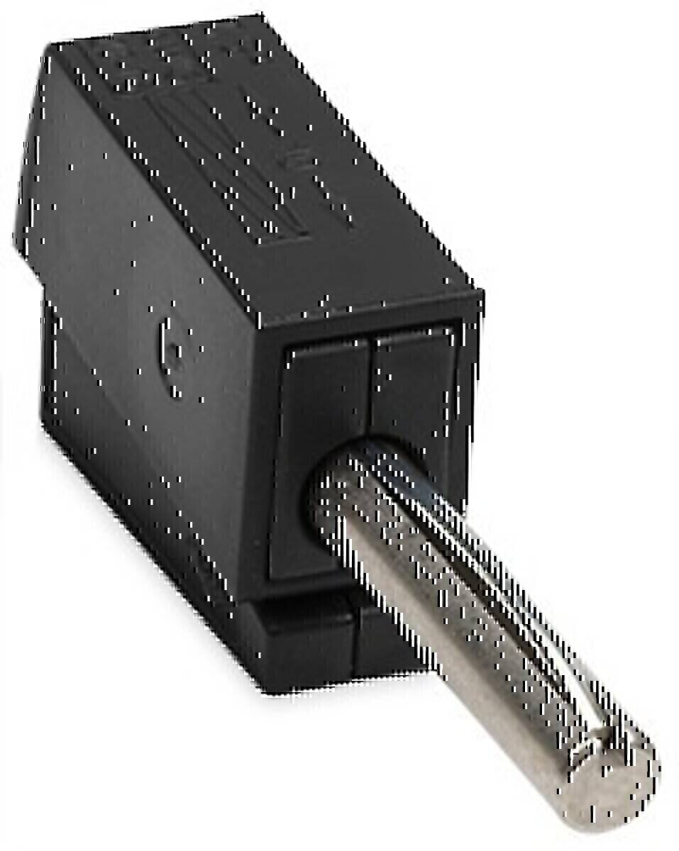 Ein rechteckiger schwarzer RJ45-Steckverbinder mit Metallkontakten ragt aus der Rückseite hervor, der üblicherweise für Ethernet-Verbindungen verwendet wird.
