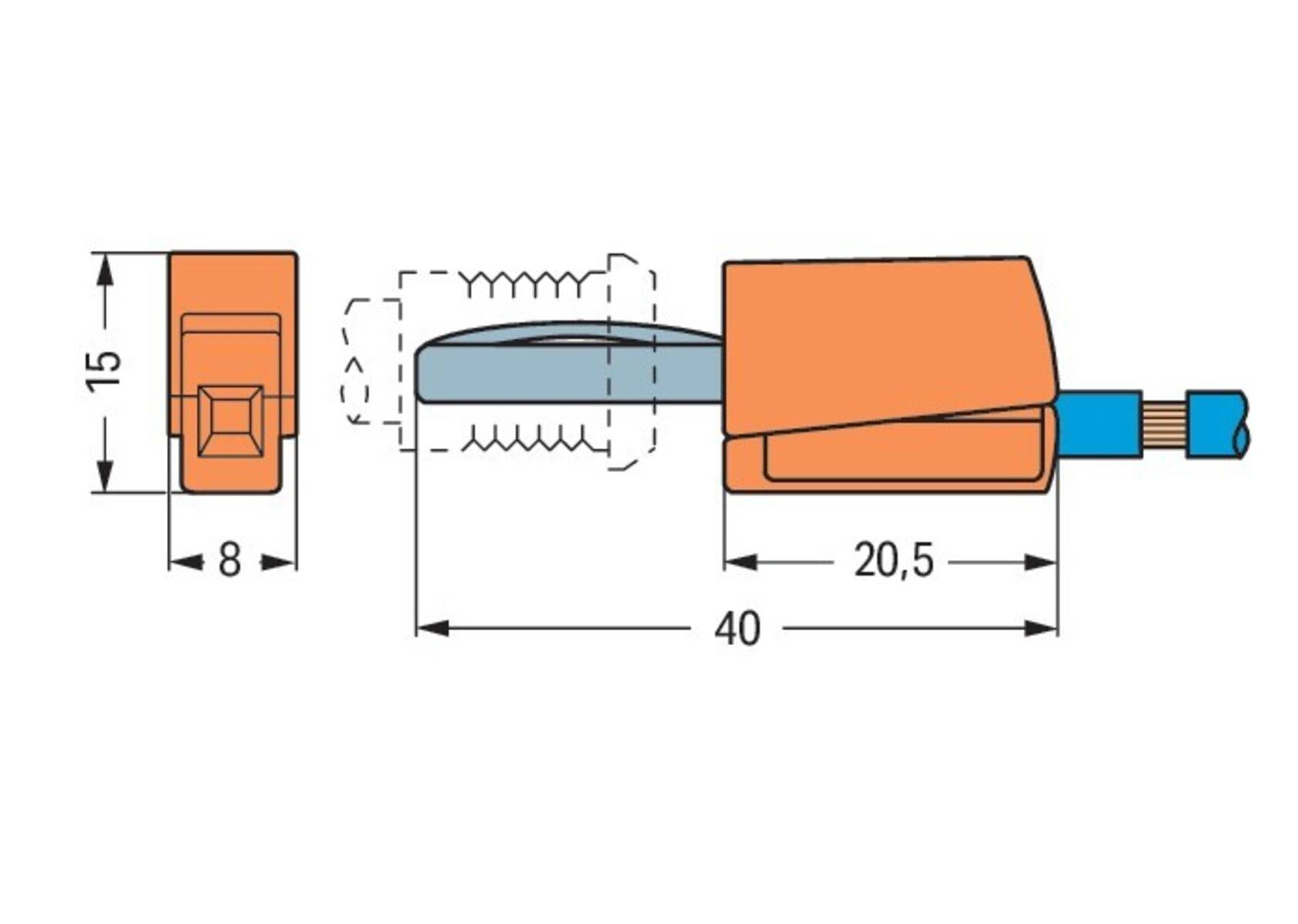 Diagramm einer Anschlussanordnung: orangefarbenes Gehäuse, blaue Leitung; Abmessungen vermerkt: 40 mm Gesamtlänge, mit Komponenten, die 8 mm und 20,5 mm Abschnitte zeigen.