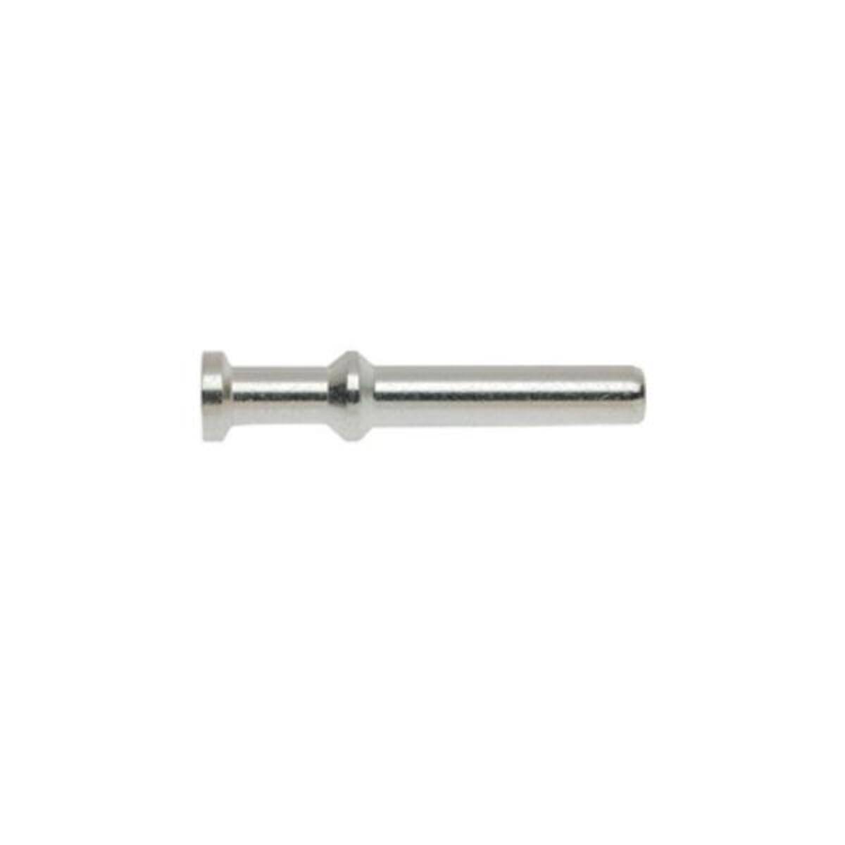 Eine kleine Silbermetalschraube oder ein Bolzen mit flanschförmigem Kopf und glatter zylindrischer Welle auf weißem Hintergrund.