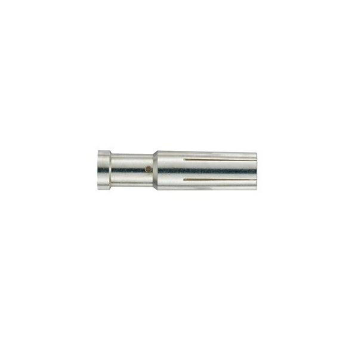 Metallischer zylindrischer Adapter oder Stecker mit schmalererem linken Ende und geschlitztem breiterem rechten Ende auf weißem Hintergrund.