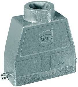 Ein grauer industrieller Steckverbindergehäuse mit einer gewindeten Öffnung an der Oberseite und eingepresstem 'HARTING' Logo, verwendet für elektrische oder elektronische Installationen.