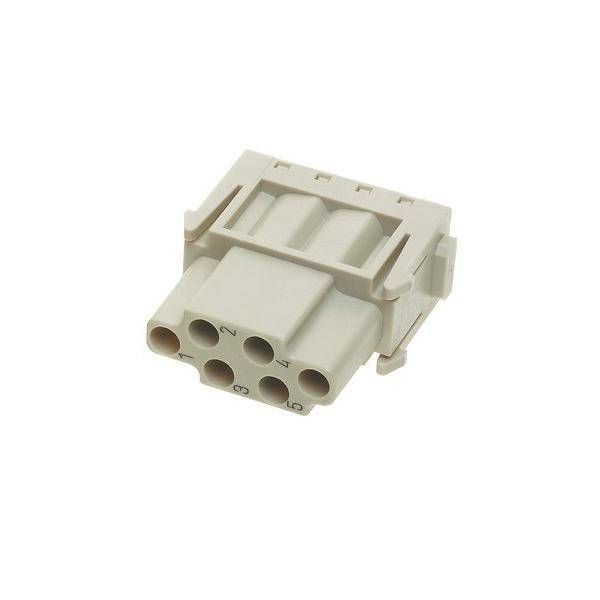 Sechspoliger elektrischer Steckverbinder mit nummerierten Anschlüssen von 1 bis 6, der zum Anschluss von Drähten in elektronischen Komponenten verwendet wird.