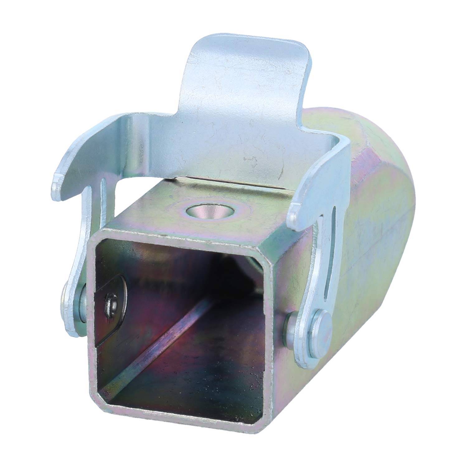 Eine Metallklammer mit rechteckiger Öffnung und oberer Klippmechanismus, die zum Befestigen oder Sichern von Komponenten in Bau- oder Konstruktionskontexten verwendet wird.