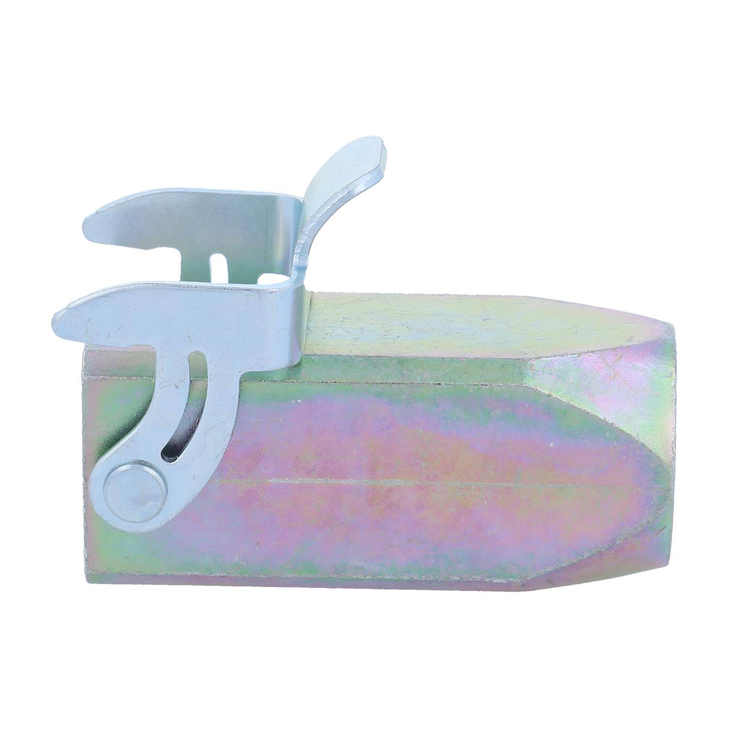 Ein metallisches Gerät mit matter Oberfläche, mit einer Metallklammer und Scharniervorrichtung, wahrscheinlich zum Halten oder Sichern von Objekten gedacht.