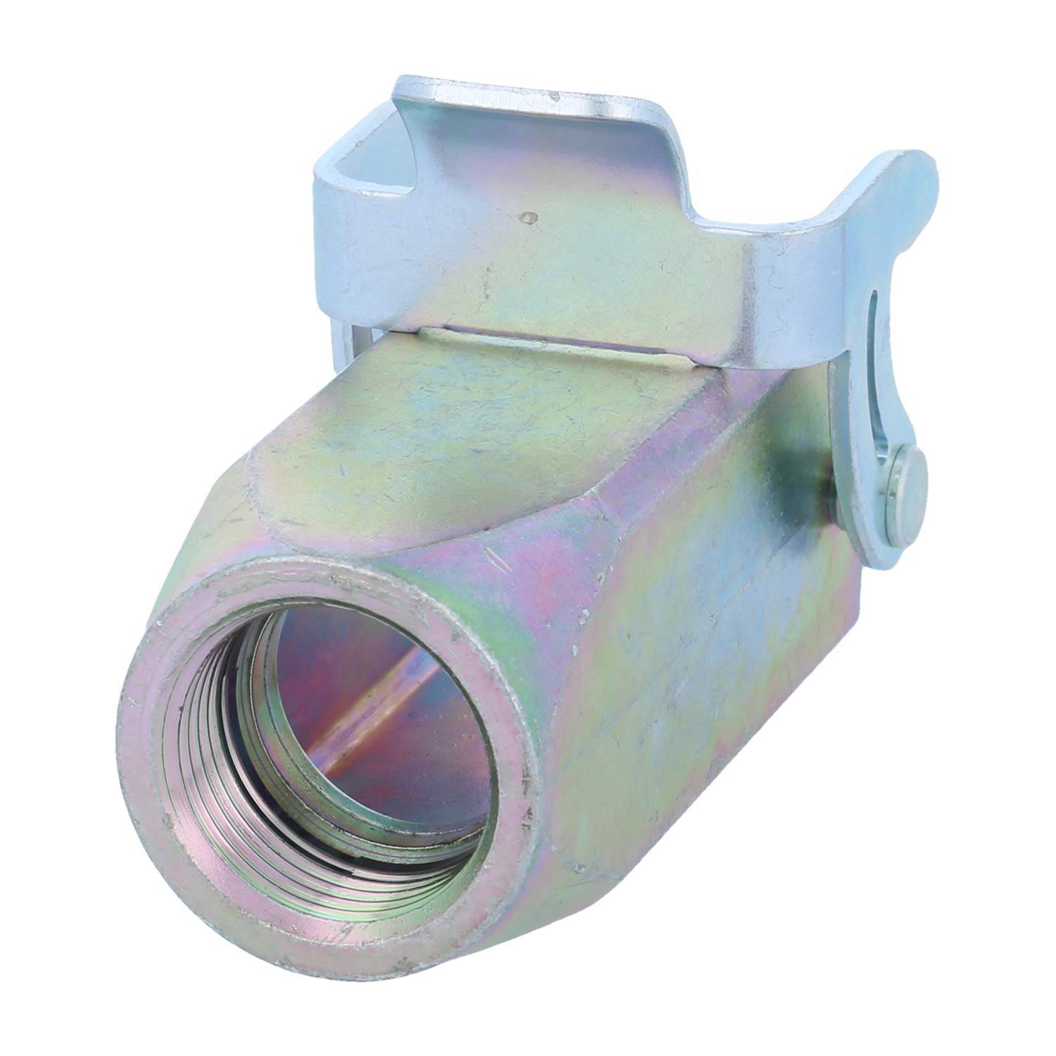 Metallische Schnellkupplung, die in Hydrauliksystemen verwendet wird, mit gewindeförmiger Innenseite und einem Verriegelungsmechanismus für sichere Befestigung.