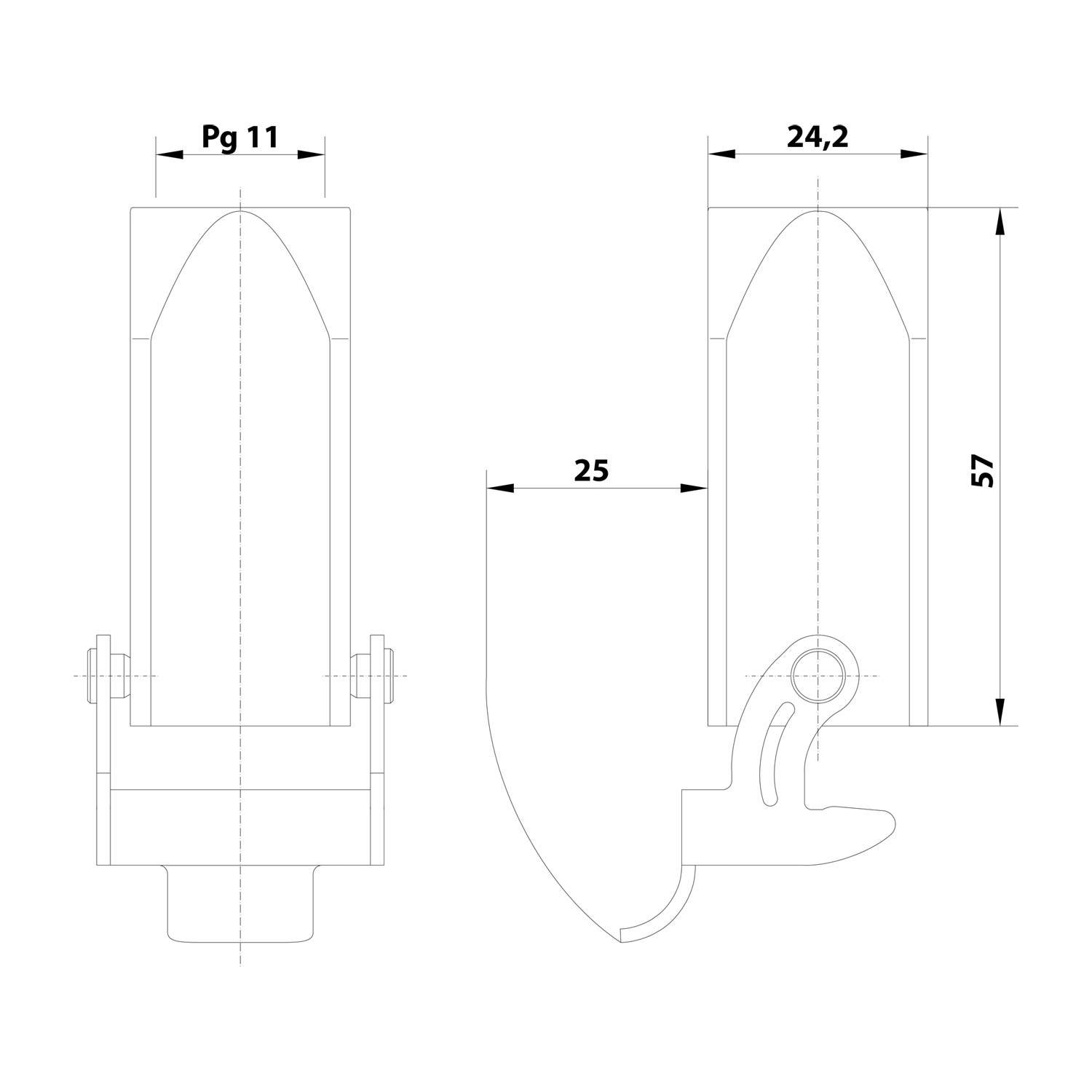 Diagramm eines mechanischen Teils mit Abmessungen: Höhe 57 mm, Breite 24,2 mm, Tiefe 25 mm und Gewindegröße Pg 11, Seiten- und Vorderansichten.