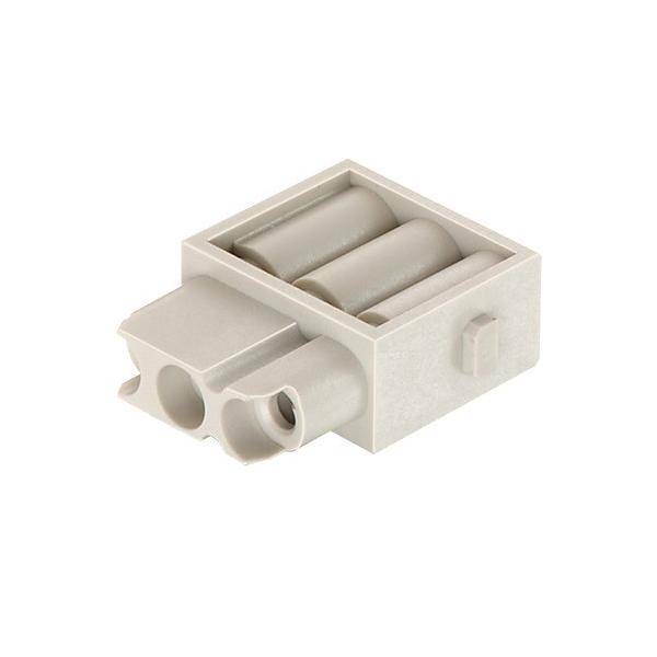 Ein grauer, rechteckiger LEGO-Stein mit zwei zentralen zylindrischen Verbindern und zwei hohlen Noppen auf einer Seite.