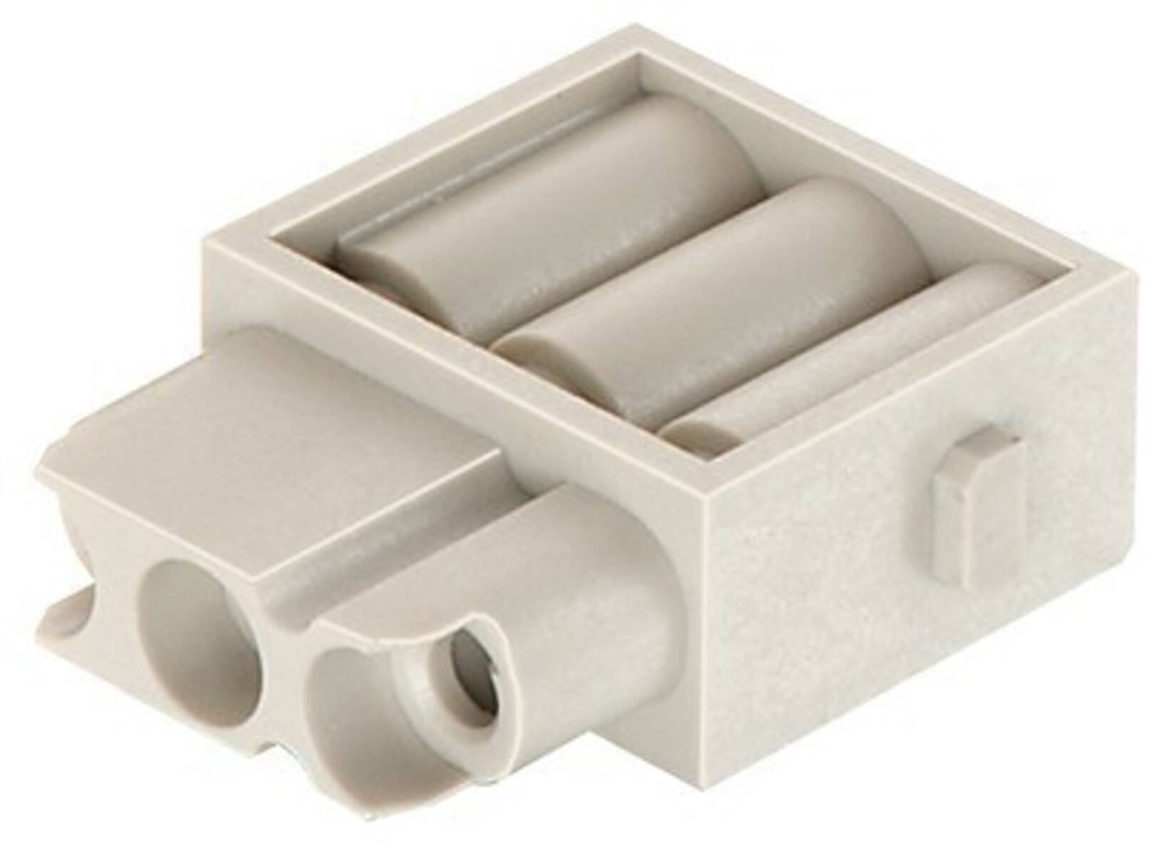 Nahaufnahme eines grauen, rechteckigen LEGO-Bausteins mit zwei zylindrischen Verbindungsstücken an einer Seite.