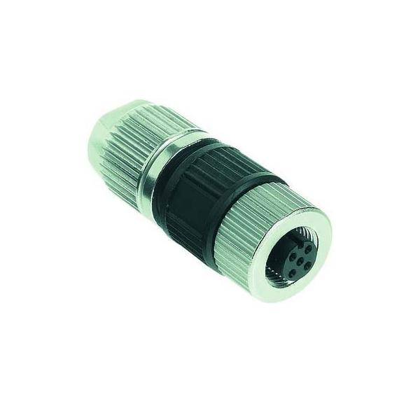 Ein zylindrischer Metallverbinder mit einem schwarzen Abschnitt und mehreren kleinen Anschlüssen an einem Ende, der für elektronische oder industrielle Verbindungen verwendet wird.