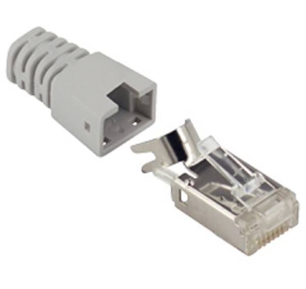 Ein Ethernet-Kabelstecker neben einer Schutzabdeckung, der die Komponenten einer typischen Ethernet-Verbindungseinrichtung hervorhebt.